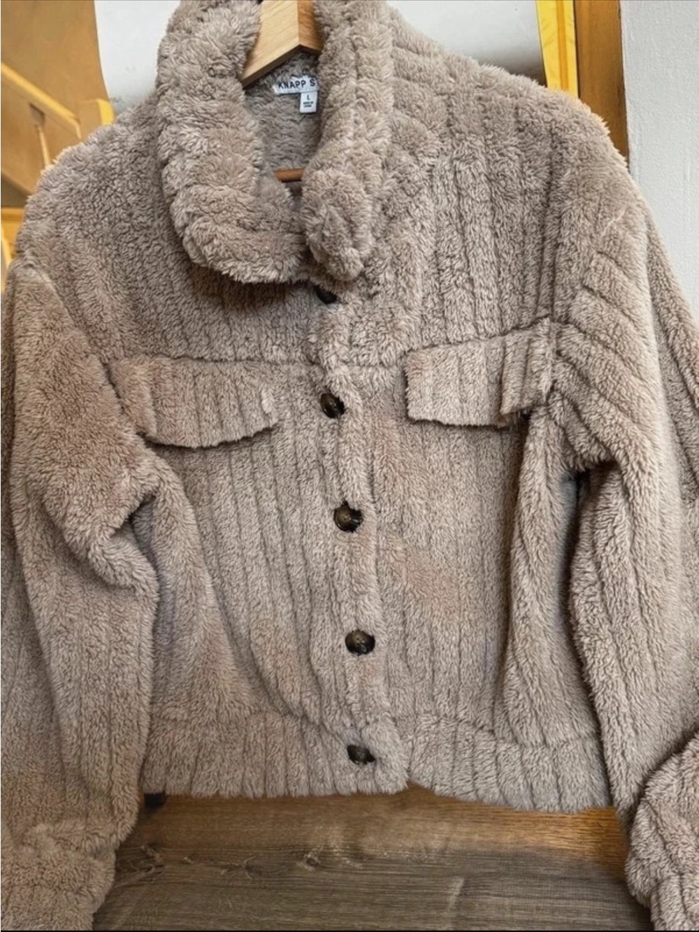 Faux Fur Button-Up Jacket in Taupe